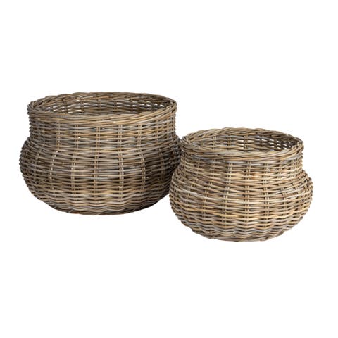 Round Hand-Woven Rattan Round Planters, Grey, Set of 2