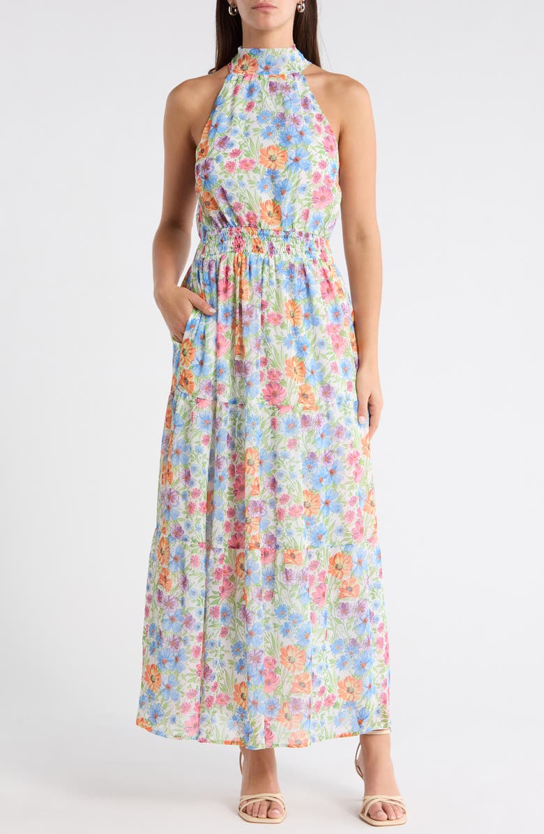 SUGARLIPS Ezia Garden Jetter Halter Maxi Dress, Main, color, Blue-Pink-Yellow