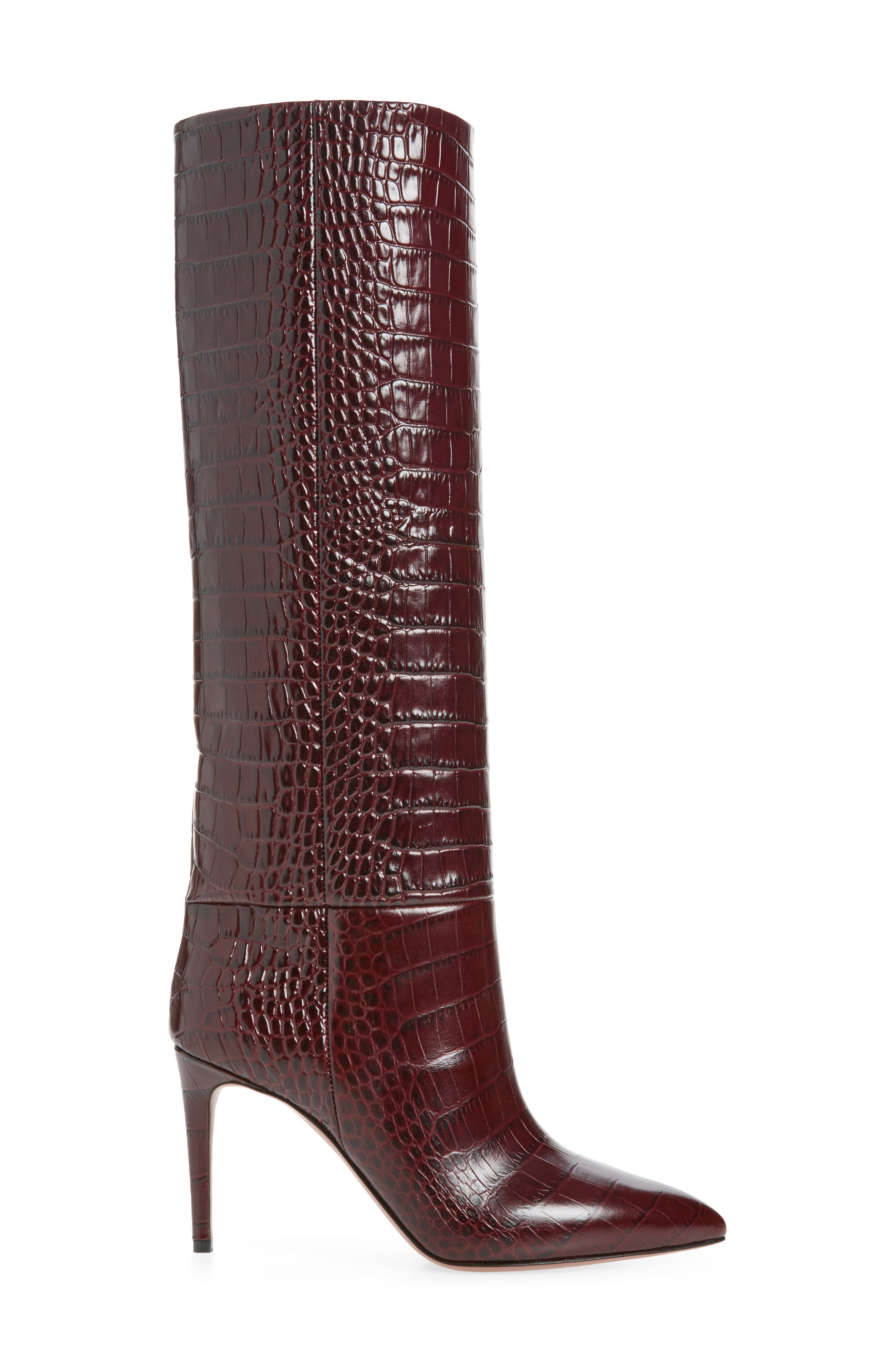 Stiletto Croc Embossed Leather Knee High Boot, Alternate, color, ROUGE NOIR