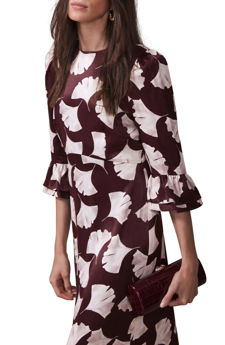 MINT VELVET Leaf Print Midi Dress, Alternate, color, Burgundy