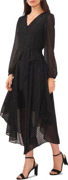 Chaus V-Neck Long Sleeve Button-Front Tie Waist Maxi Dress