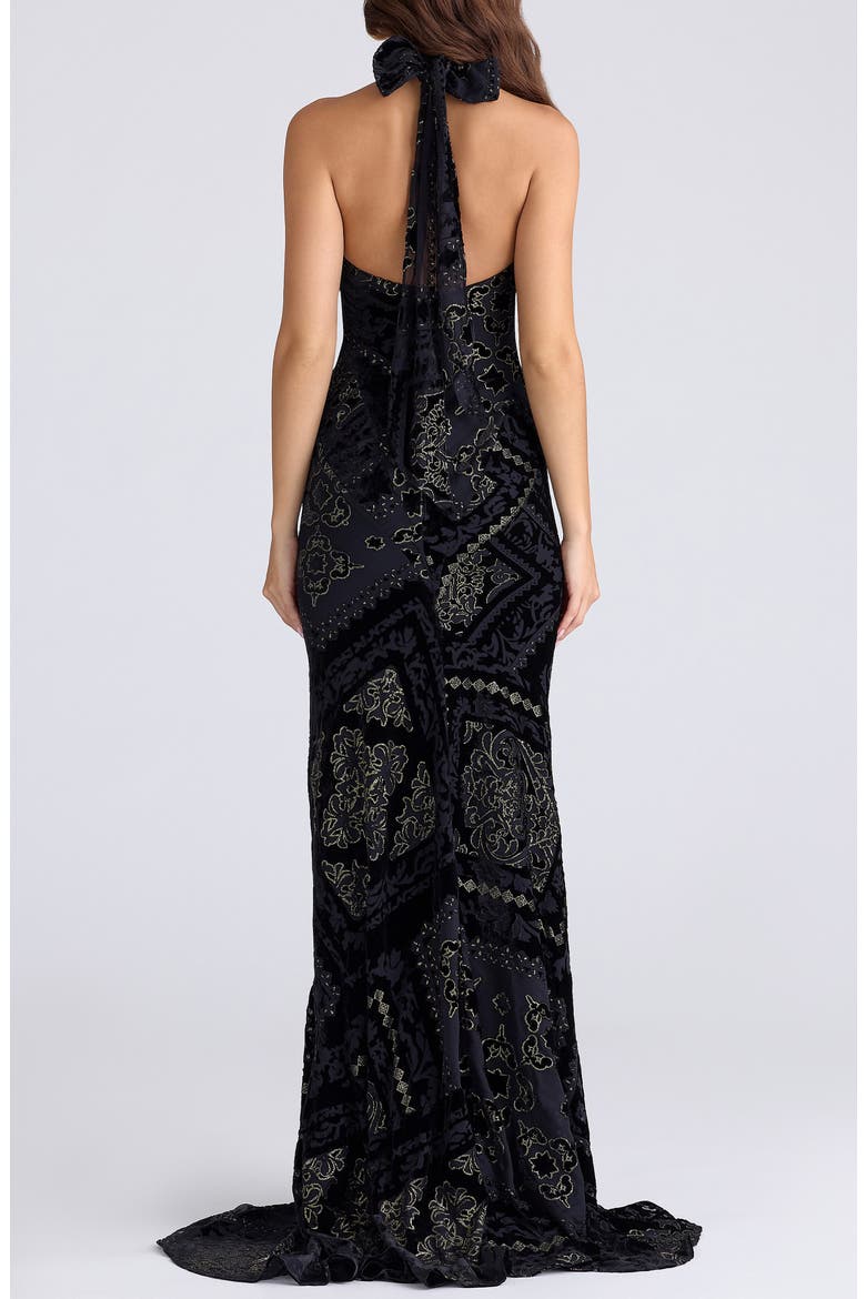 Oliviana Cutout Foil Devoré Halter Gown, Alternate, color, BLACK GOLD
