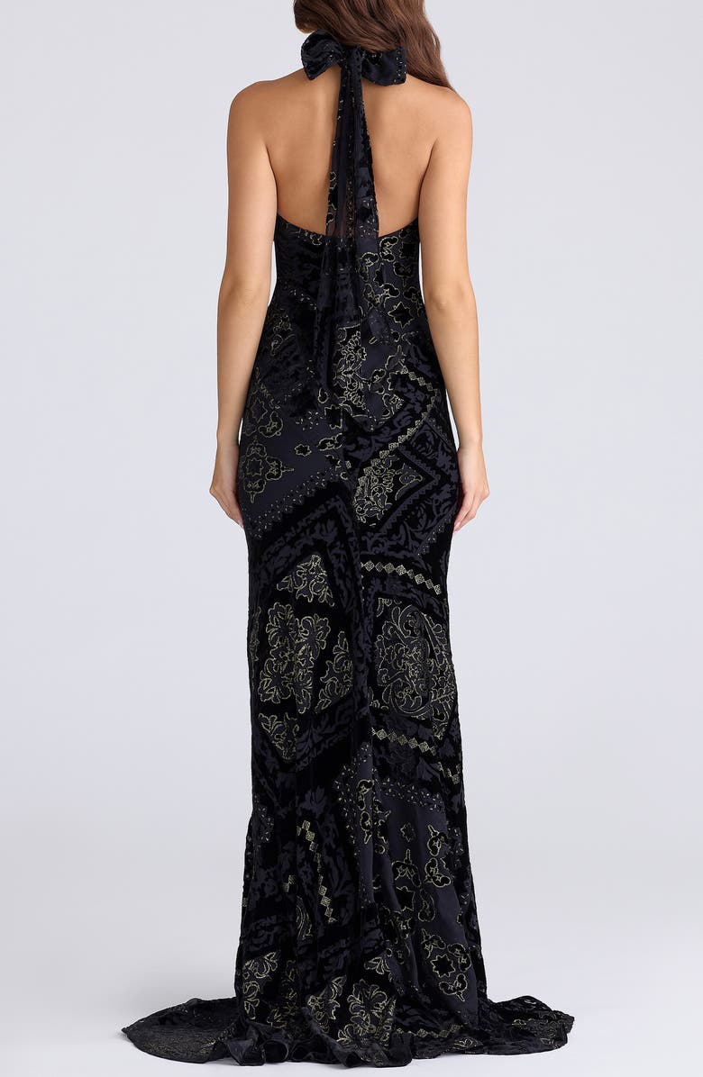 HOUSE OF CB Oliviana Cutout Foil Devoré Halter Gown, Alternate, color, Black Gold