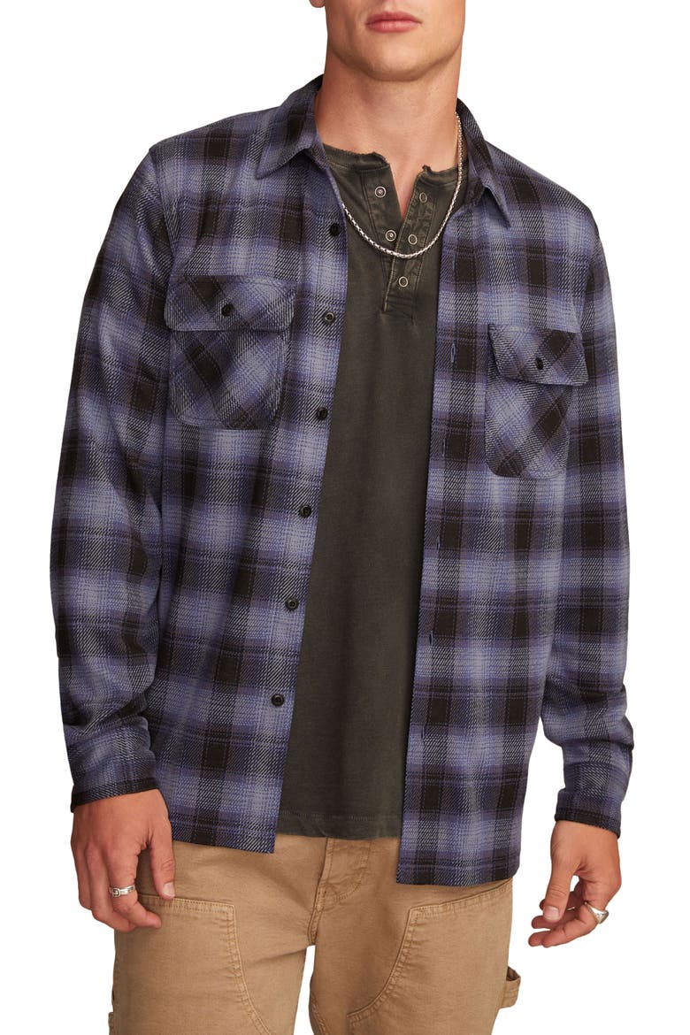 Soft Knit Jersey Plaid Button-Up Shirt, Main, color, NAVY MULTI