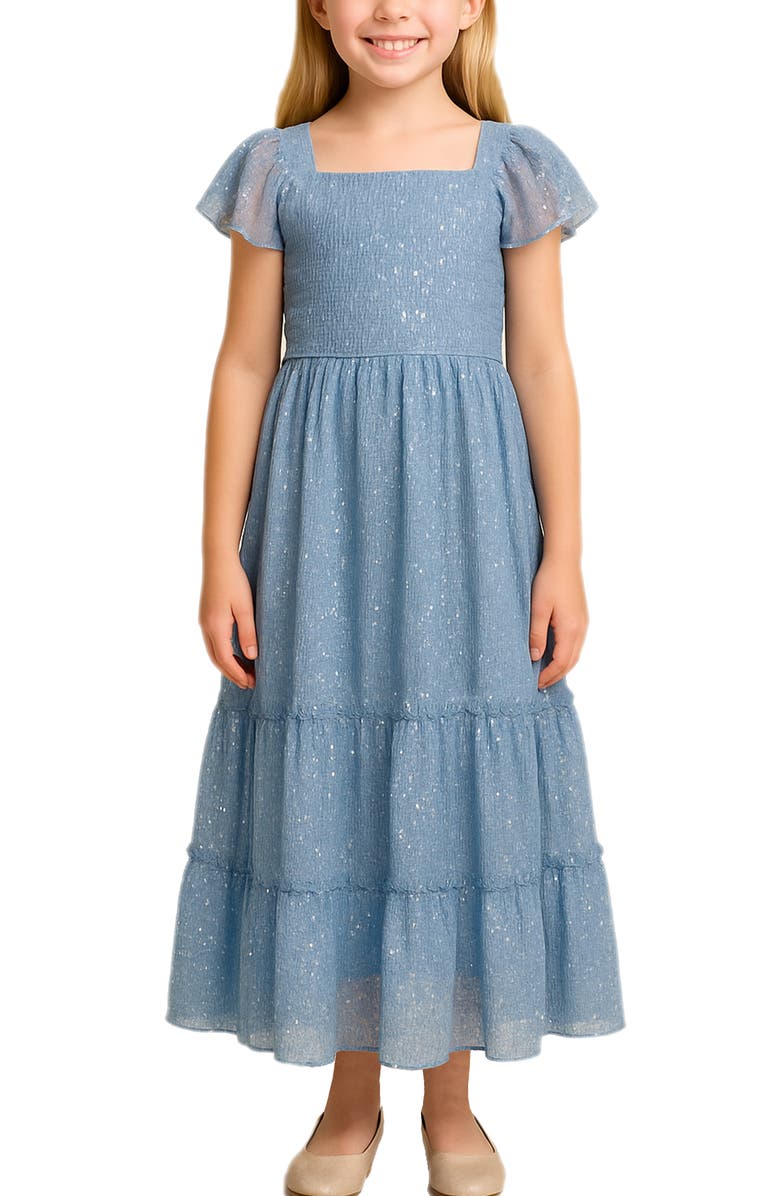 Zunie Kids' Metallic Sequin Smocked Bodice Tiered Party Dress, Alternate, color, Blue