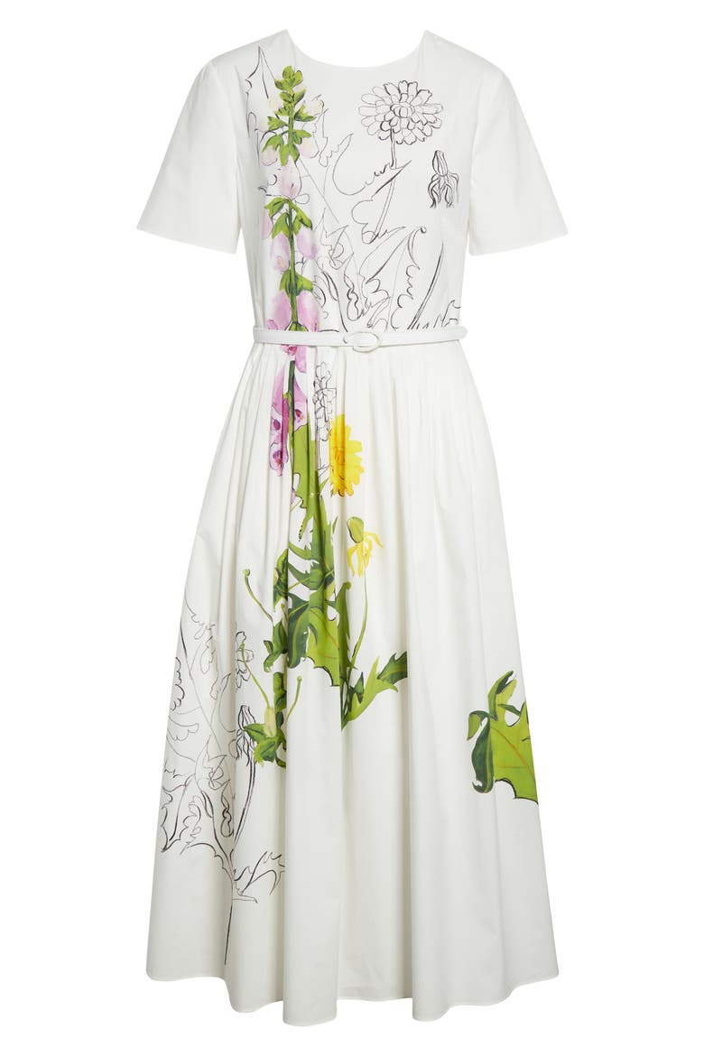 Foxglove & Dandelion Sketch Belted Stretch Cotton Poplin Midi Dress, Alternate, color, WHITE MULTI