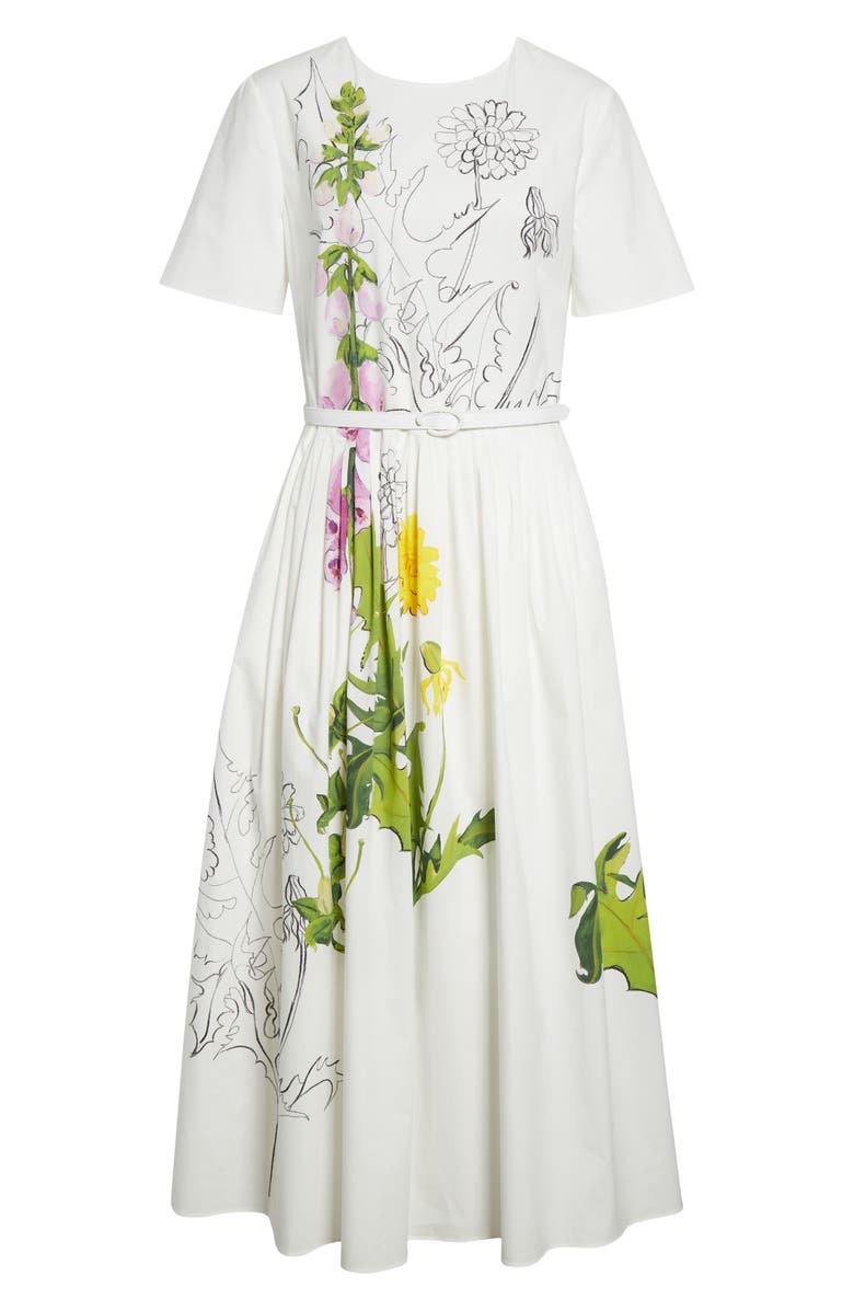 Oscar de la Renta Foxglove & Dandelion Sketch Belted Stretch Cotton Poplin Midi Dress, Alternate, color, White Multi