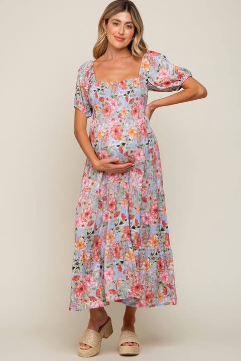 Floral Smocked Square Neck Tiered Maxi Dress
