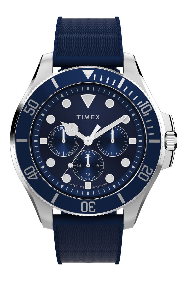 Harborside Coast Multifunction 43mm Synthetic Rubber Strap Watch, Main, color, BLUE/ SILVER-TONE
