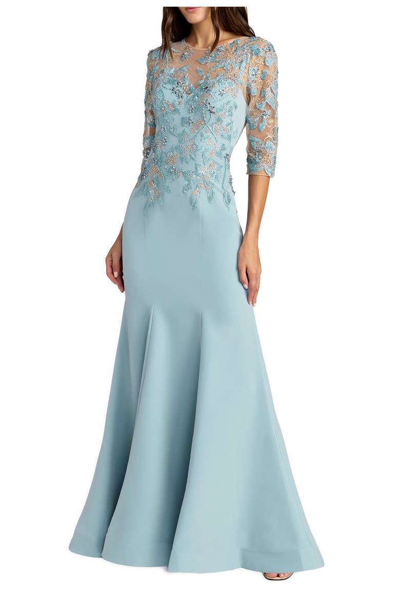 Mac Duggal Embroidered Crepe Mermaid Gown with Illusion Neckline, Main, color, French Blue