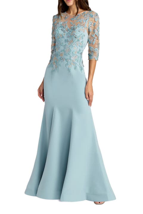 Embroidered Crepe Mermaid Gown with Illusion Neckline