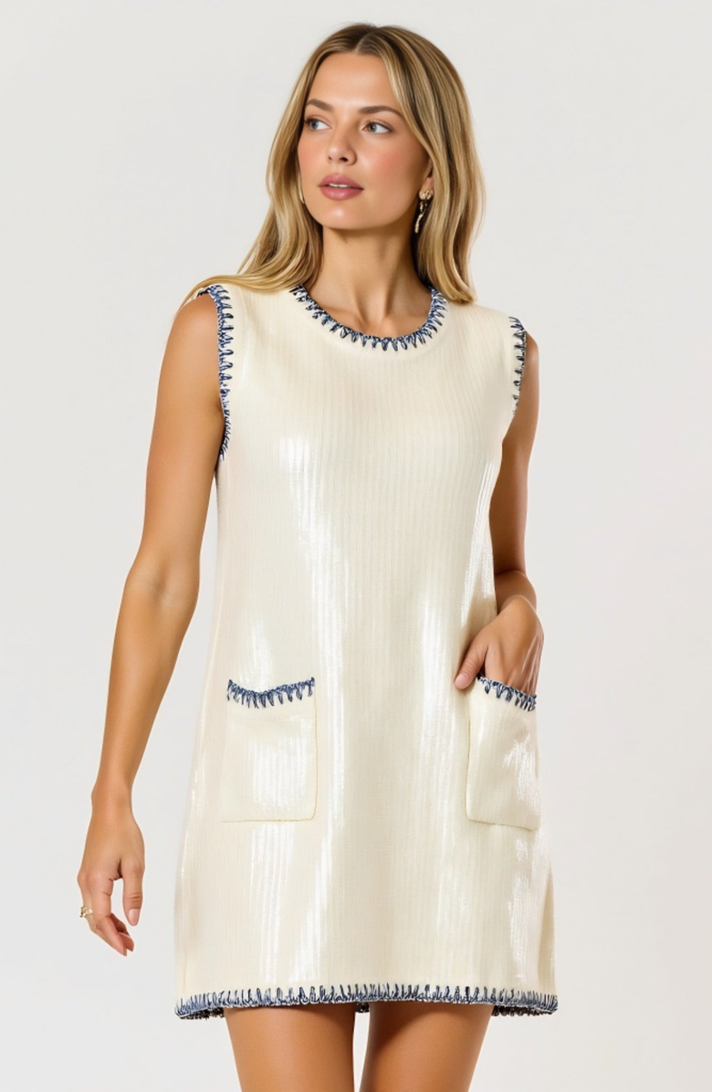 Modenaire Sleeveless Sequin-Knit Contrast-Trim Mini Dress, Alternate, color, Ivory/Blue