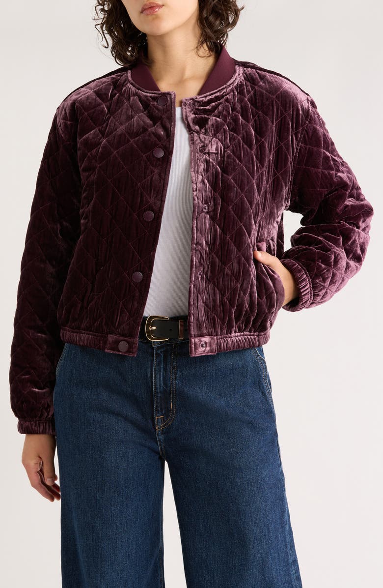 Marine Layer Anita Velvet Quilted Bomber Jacket, Main, color, Fig