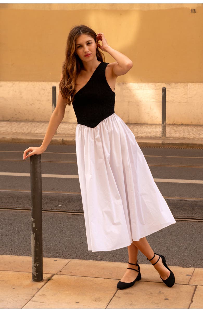 nuaje nuaje Bianca One-Shoulder Smocked Midi Dress, Alternate, color, Black & White