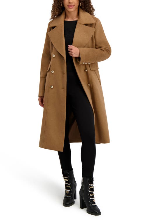 Karl Lagerfeld Paris Double Breasted Wool Blend Coat In Brown