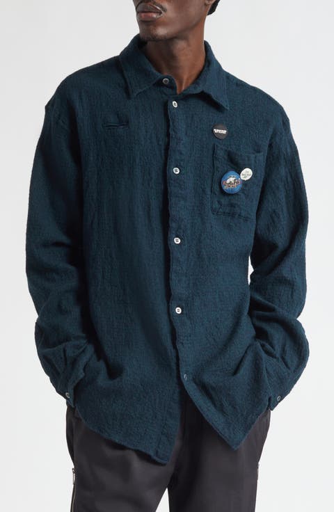 Embroidered Patch Felted Wool Button-Up Shirt