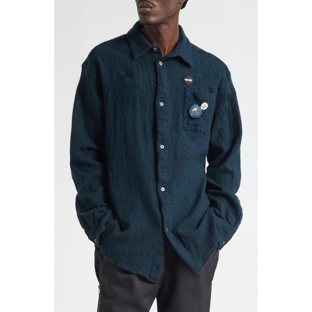 Undercover Embroidered Patch Felted Wool Button-Up Shirt in Green Check  product