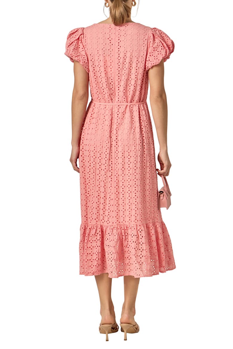 Eyelet Tie Waist Puff Sleeve Midi Dress, Alternate, color, PINK