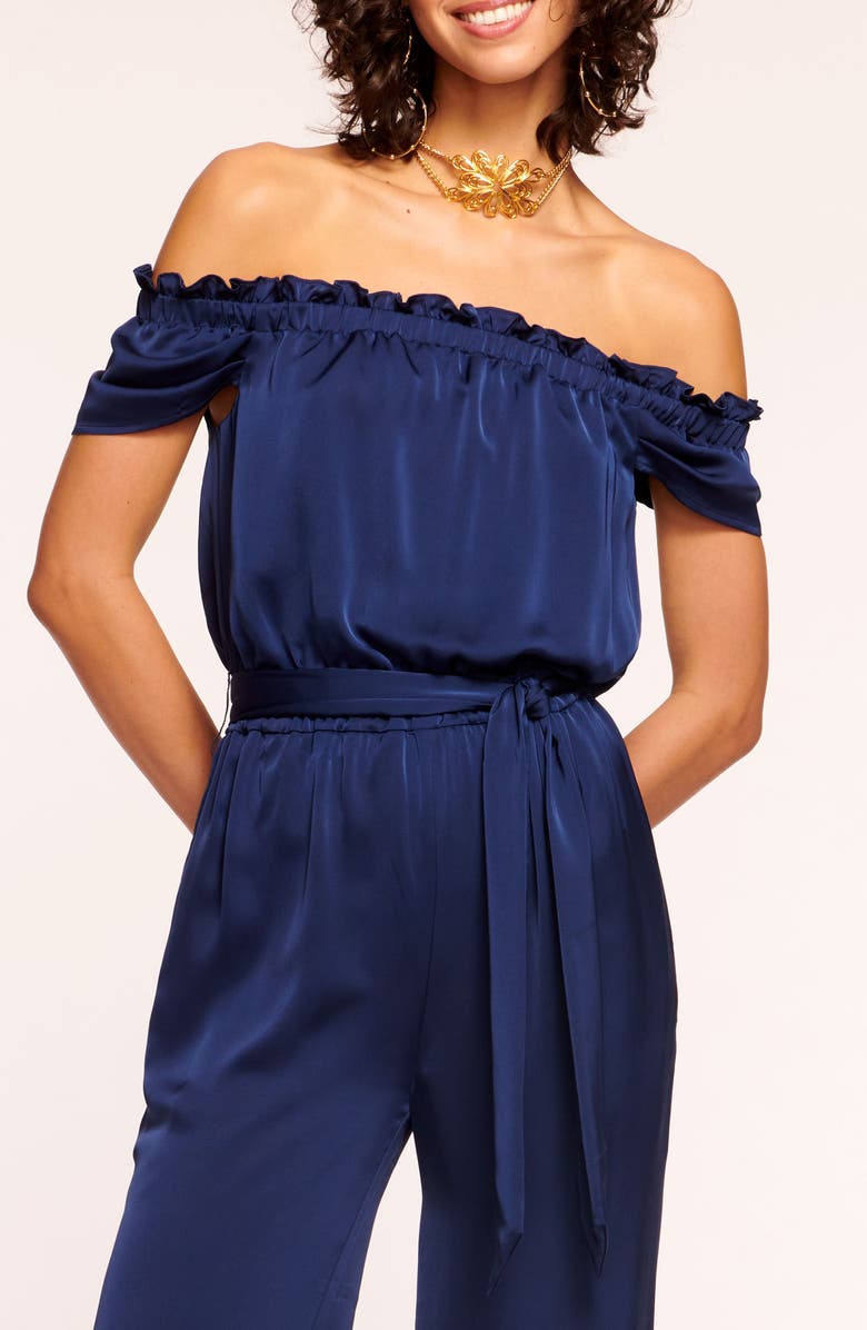 Ramy Brook Lee Off the Shoulder Satin Jumpsuit, Alternate, color, Spring Navy