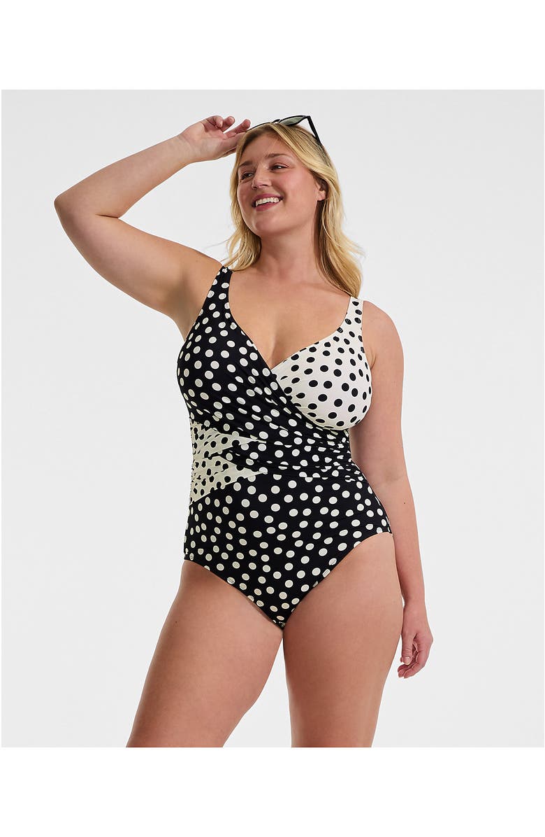 Lands' End SlenderSuit Wrap One Piece Swimsuit, Alternate, color, Black/Egret Mixed Tossed Dots