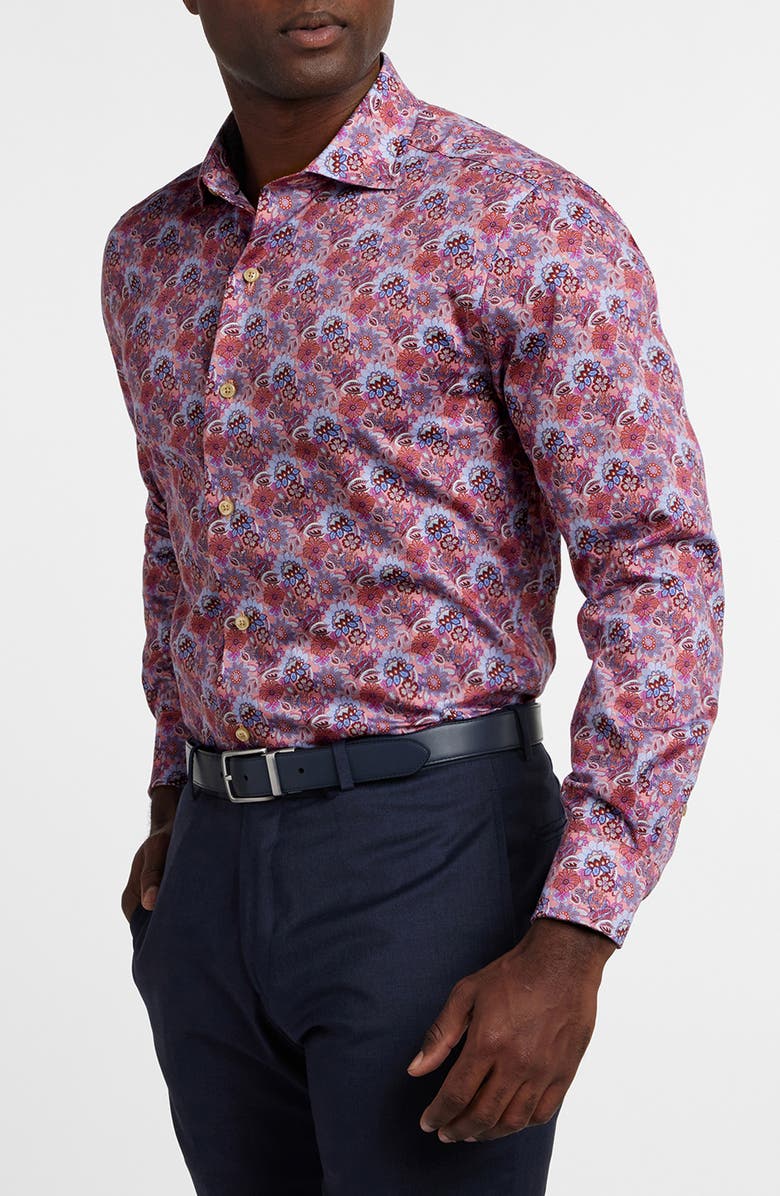 David Donahue Floral Cotton Button-Up Shirt, Main, color, Pink/ Merlot