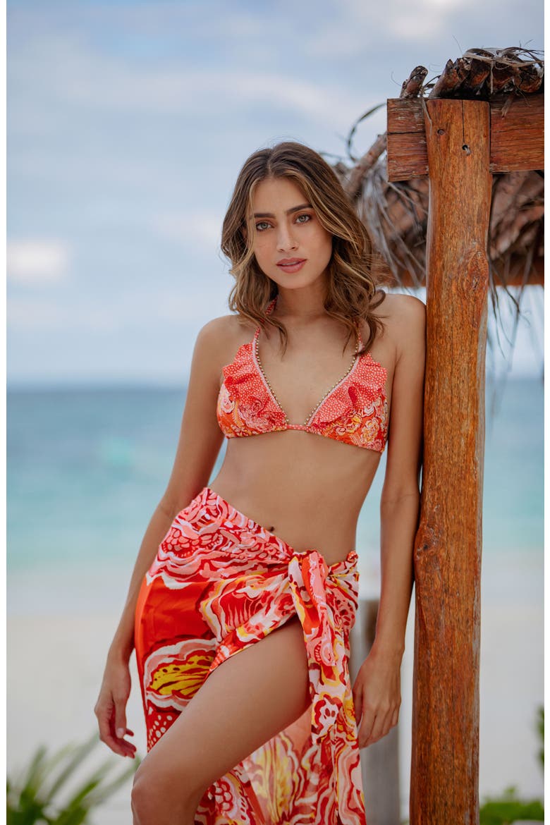 Beaded Ruffle Triangle Bikini Top, Alternate, color, MANDARIN TANGERINE