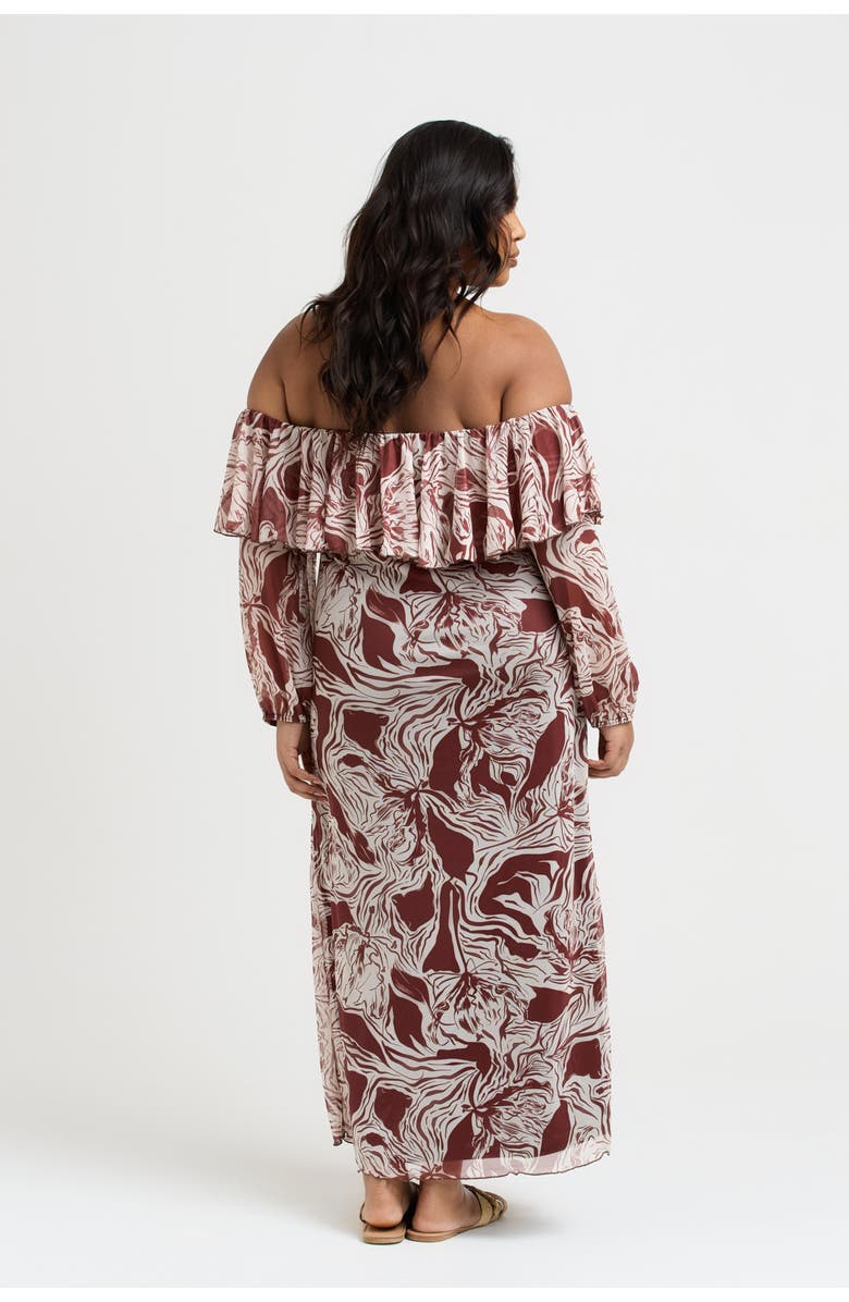 FASHION-SZN CURVE Curve Ruffle Bardot Midaxi Dress, Alternate, color, Brown