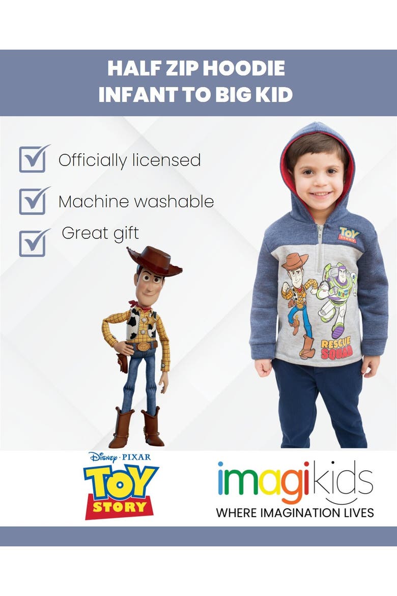 Toy Story Fleece Quarter-Zip Hooded Sweatshirt, Alternate, color, Navy Grey Woody Buzz
