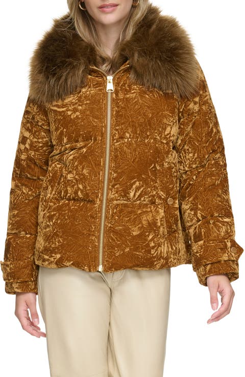 Charleroi Faux Fur Collar Down & Feather Fill Velvet Puffer Jacket