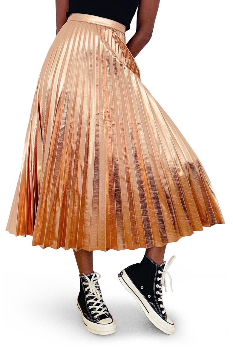 Pleated Metallic Faux Leather Midi Skirt, Main, color, ROSE GOLD