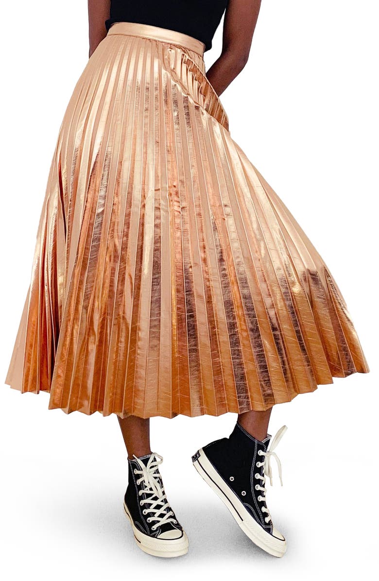 Topshop Pleated Metallic Faux Leather Midi Skirt, Main, color,
