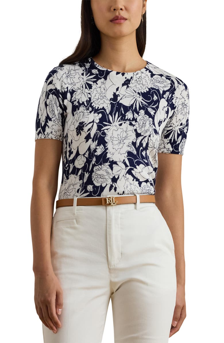 Lauren Ralph Lauren Floral Print Short Sleeve Sweater, Main, color, White/ Navy Blue