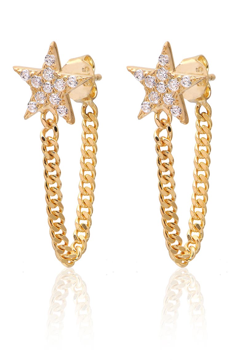 14K Yellow Gold Plated Sterling Silver Pave CZ Star Chain Hoop Earrings, Main, color, GOLD