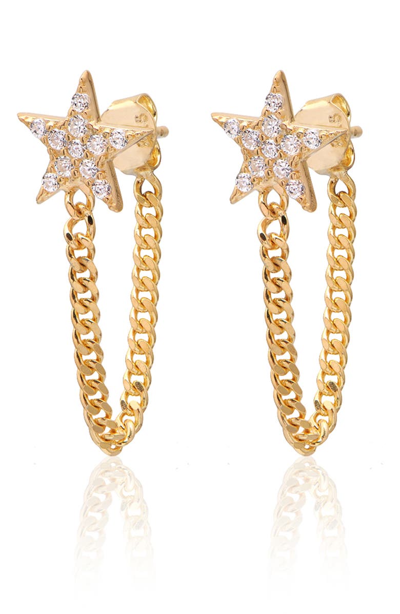 GABI RIELLE 14K Yellow Gold Plated Sterling Silver Pave CZ Star Chain Hoop Earrings, Main, color,