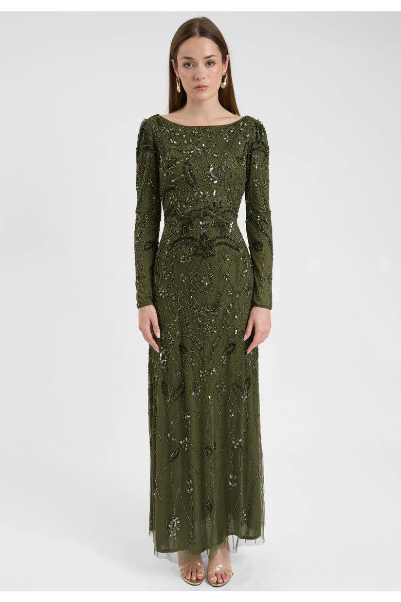 Modest Embellished Sequin Beaded Dress Maxi With Wide Neck, Main, color, OLIVE