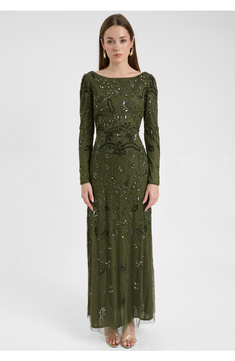 MARYISA Modest Embellished Sequin Beaded Dress Maxi With Wide Neck, Main, color, Olive