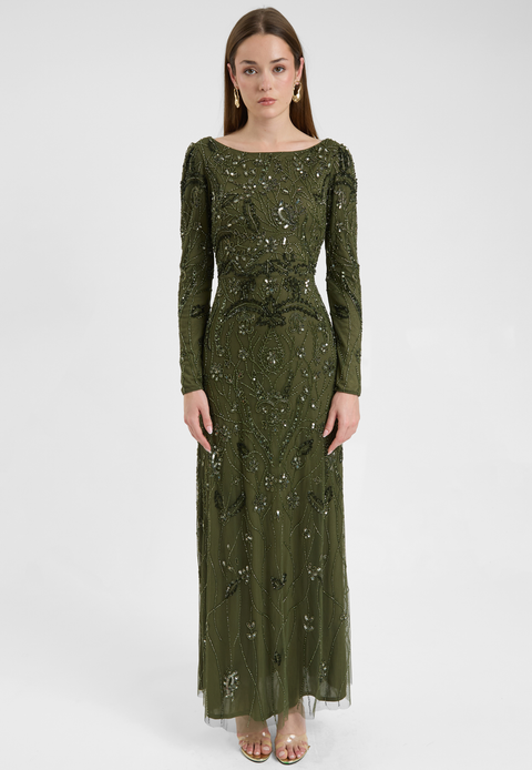 Modest Embellished Sequin Beaded Dress Maxi With Wide Neck
