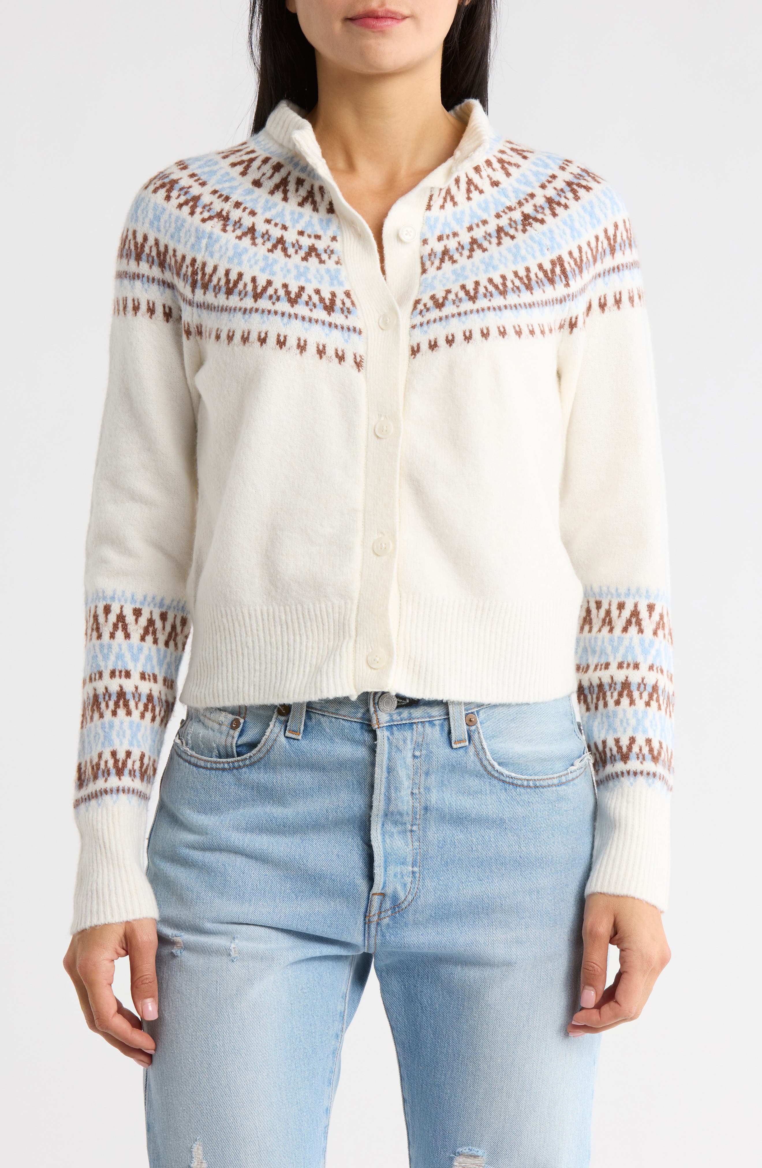 Madden Girl Fair Isle Jacquard Crewneck Crop Cardigan