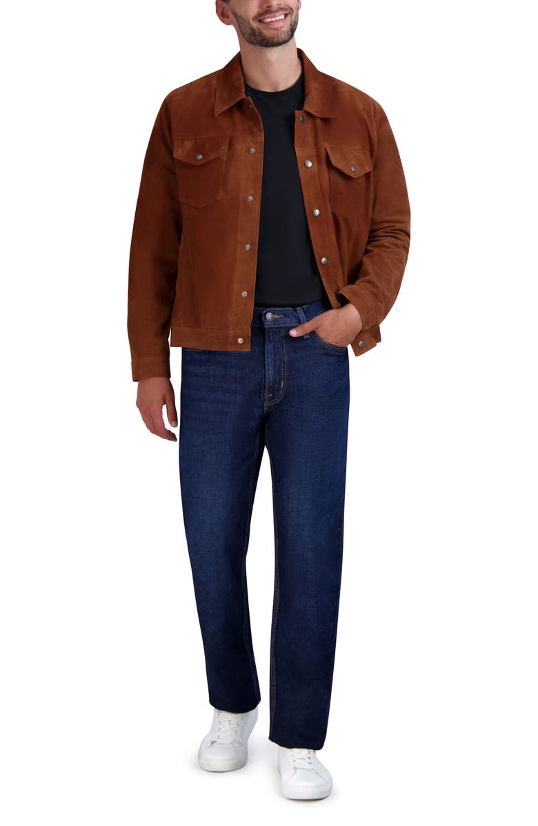 Cole Haan Suede Trucker Jacket, Alternate, color, Cognac