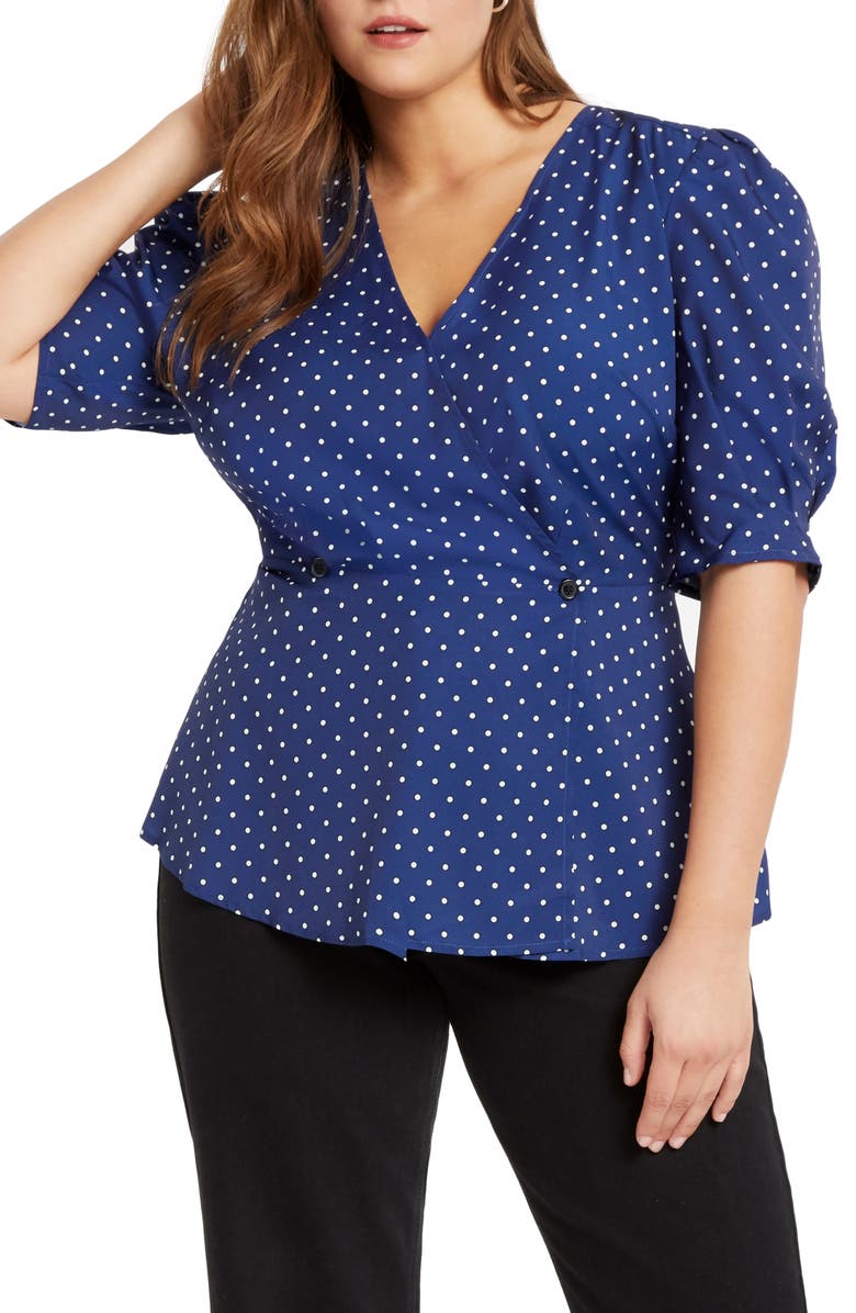 ELOQUII Polka Dot Puff Sleeve Peplum Top, Main, color,