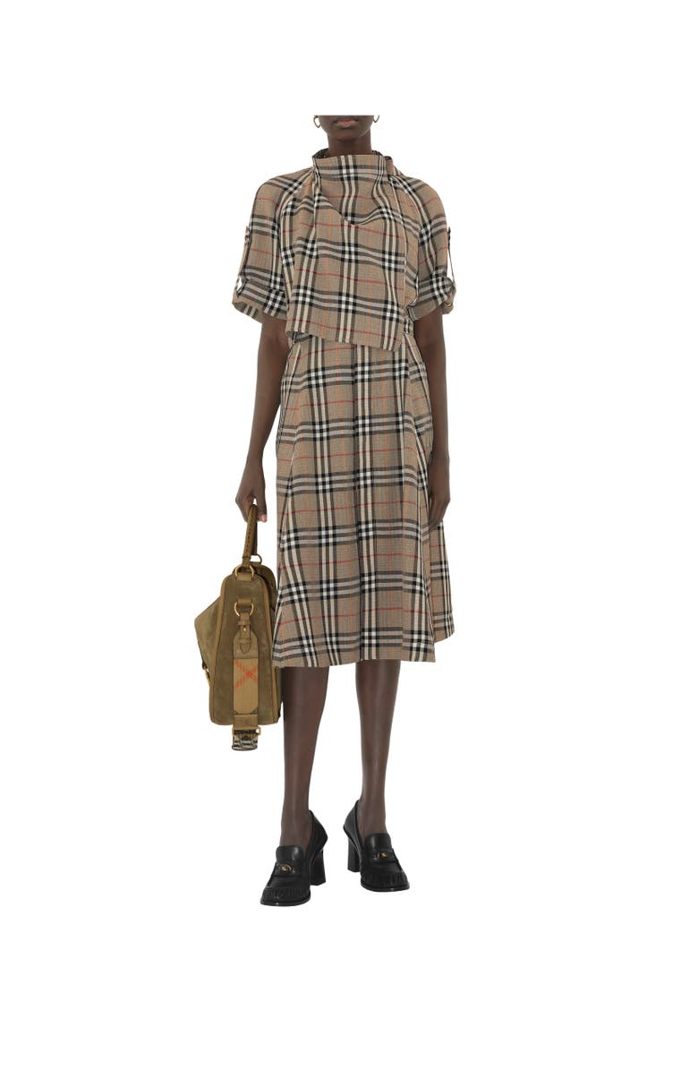Burberry Check Silk Blend Trench Dress, Alternate, color, Limestone