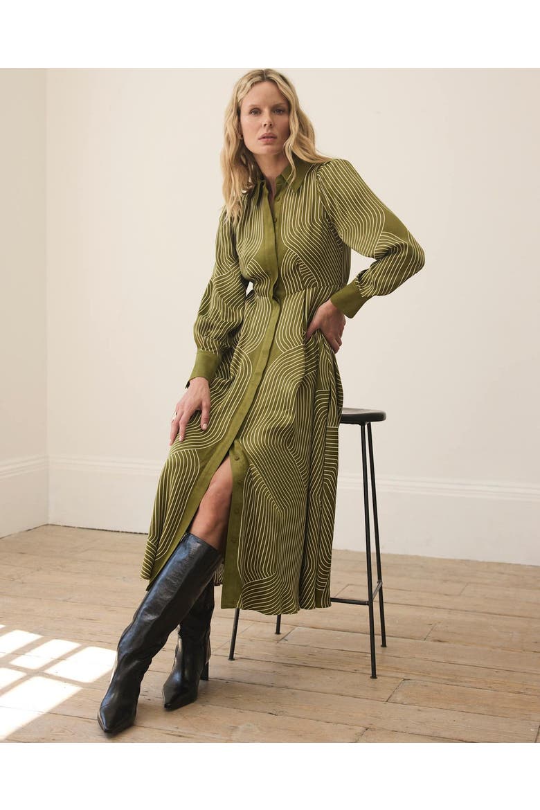 Satin Printed Midi Shirt Dress, Alternate, color, Green