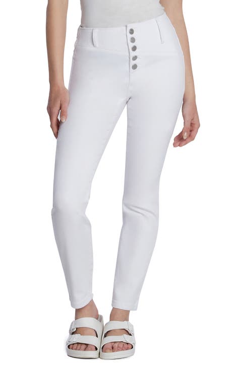 Exposed Button Mid Rise Skinny Jeans (Pure White)