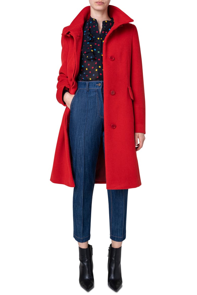 Stand Collar Wool Blend Coat, Alternate, color, RED