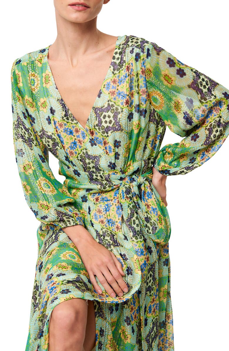 CIEBON Shani Metallic Floral Print Long Sleeve Wrap Dress, Alternate, color, Green Multi