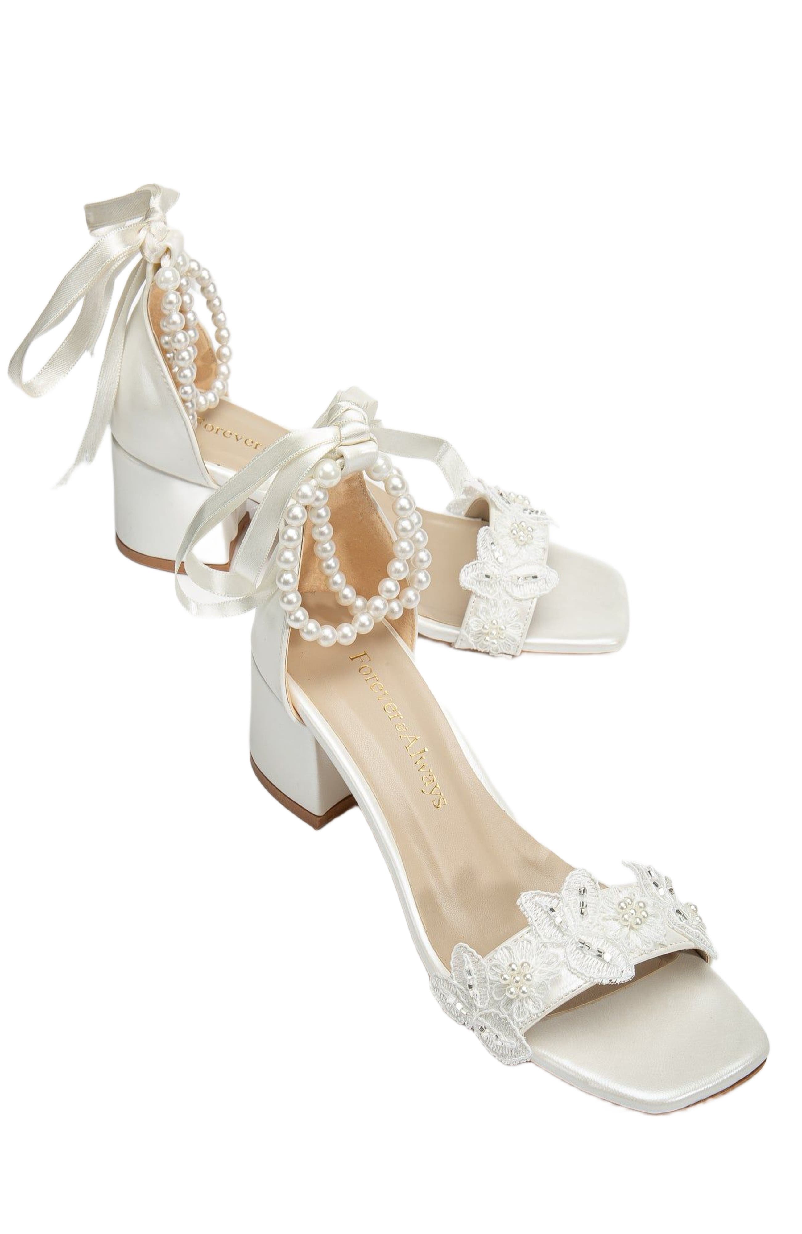 Forever & Always Shoes Amber Lace Sandals with Pearls, Alternate, color, Ivory Faux Leather
