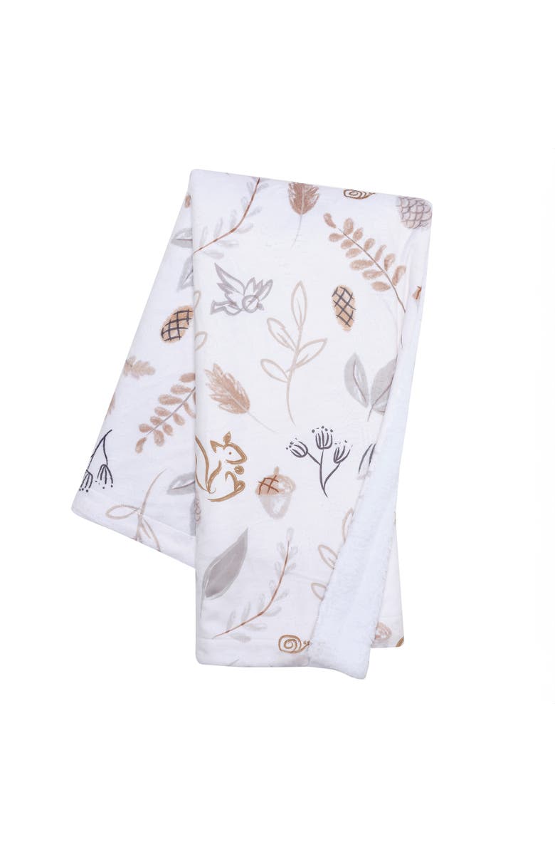 Lambs & Ivy Treetop Fox Woodland/Forest Minky/Faux Shearling Fleece Baby Blanket, Main, color, White