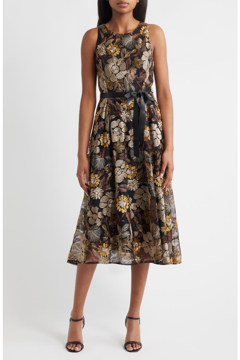 Embroidered Sleeveless Belted Midi Dress, Main, color, BROWN GOLD