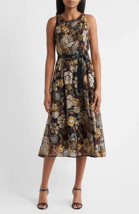 Tahari ASL Embroidered Tie Waist Sleeveless Midi Dress