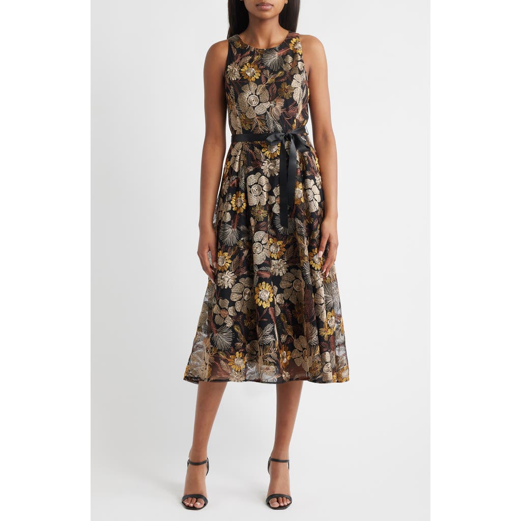 Tahari Asl Embroidered Tie Waist Sleeveless Midi Dress In Black